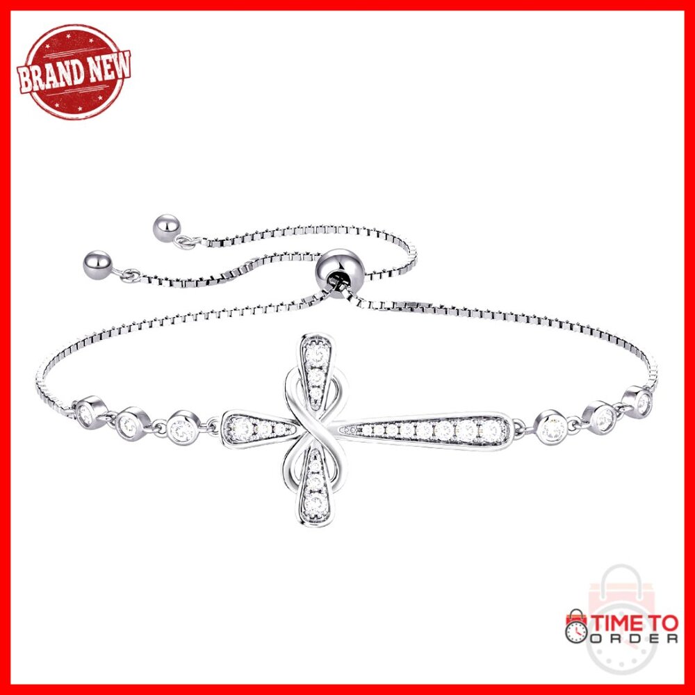 Sterling Silver Infinity Cross Bracelet With Birthstone Cubic Zirconia